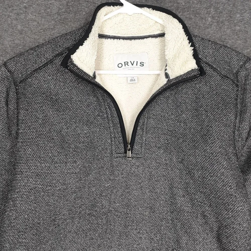 Orvis 1/4 Zip Pullover sweater Adult L‎ black gray Sherpa Lined mens casual